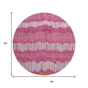 HomeRoots 8' Blush Orange & Ivory Striped Washable Round Rug with UV Protection for Stylish Living Spaces 670619