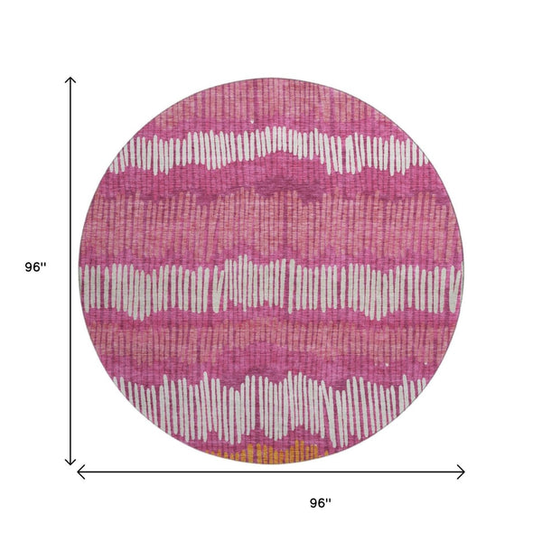 HomeRoots 8' Blush Orange & Ivory Striped Washable Round Rug with UV Protection for Stylish Living Spaces 670619