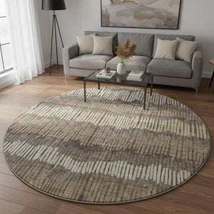 HomeRoots 8' Stylish Round Rug in Brown, Cream & Ivory Stripes - Washable, UV-Protected & Durable Design 670625