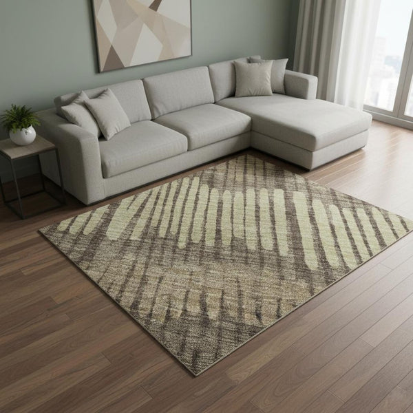 HomeRoots 9' X 12' Striped Area Rug - Durable, Washable, UV-Protected in Brown, Cream & Ivory for Any Room 670627