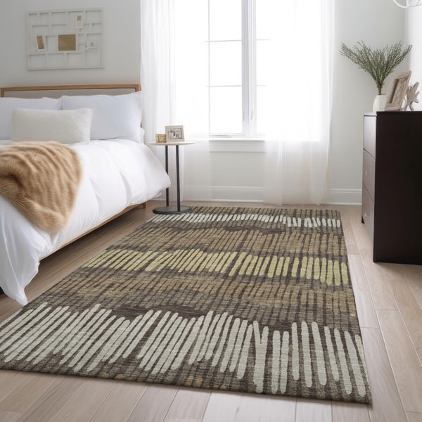 HomeRoots 9' X 12' Striped Area Rug - Durable, Washable, UV-Protected in Brown, Cream & Ivory for Any Room 670627