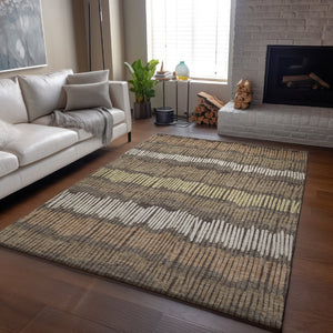 HomeRoots 9' X 12' Striped Area Rug - Durable, Washable, UV-Protected in Brown, Cream & Ivory for Any Room 670627