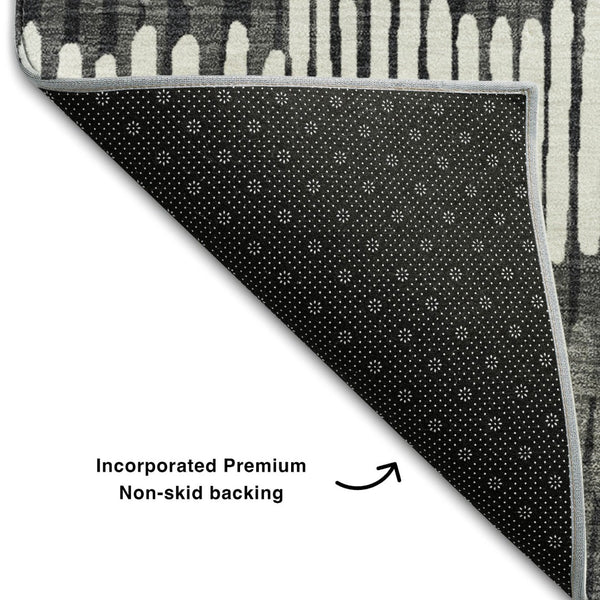 HomeRoots 5' X 8' Striped Area Rug in Charcoal, Ivory & Blue – Durable, Washable, UV-Protected for Any Space! 670630