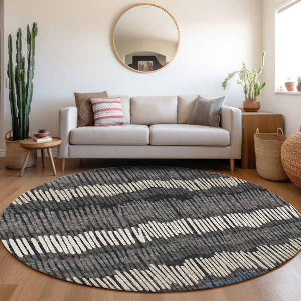 HomeRoots 8' Charcoal Ivory and Blue Striped Washable Round Rug - UV Protected, Durable, Perfect for Family Homes 670631