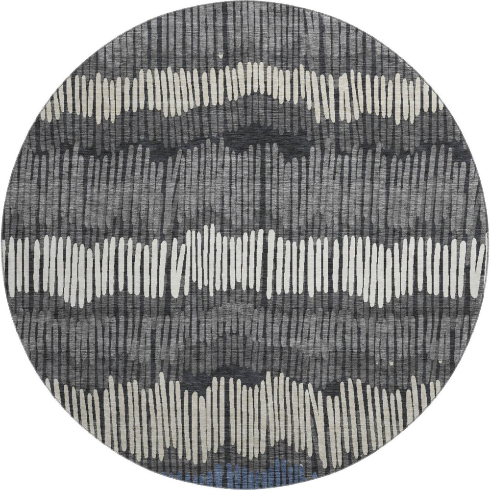 HomeRoots 8' Charcoal Ivory and Blue Striped Washable Round Rug - UV Protected, Durable, Perfect for Family Homes 670631