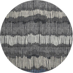 HomeRoots 8' Charcoal Ivory and Blue Striped Washable Round Rug - UV Protected, Durable, Perfect for Family Homes 670631