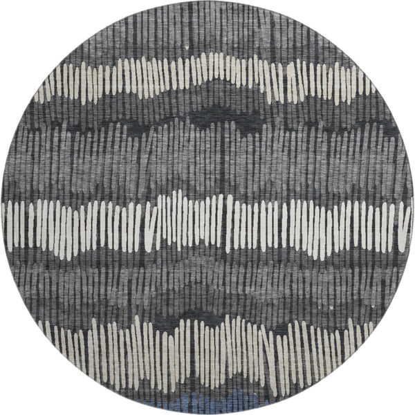 HomeRoots 8' Charcoal Ivory and Blue Striped Washable Round Rug - UV Protected, Durable, Perfect for Family Homes 670631