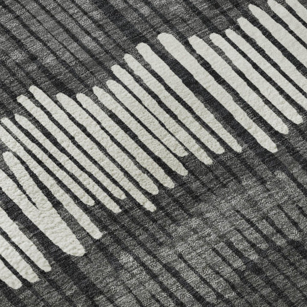 HomeRoots 8' Charcoal Ivory and Blue Striped Washable Round Rug - UV Protected, Durable, Perfect for Family Homes 670631