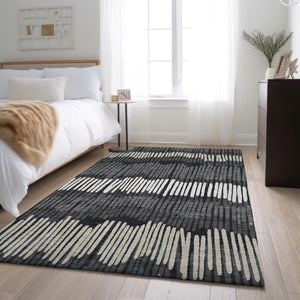 HomeRoots 8' X 10' Charcoal Ivory Blue Striped Area Rug - Washable, Stain-Resistant, UV Protected & Stylish! 670632