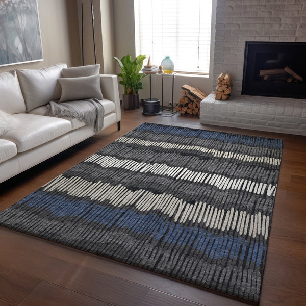 HomeRoots 9' X 12' Stylish Charcoal Ivory & Blue Striped Area Rug - Washable, UV Protected for High-Traffic Homes 670633