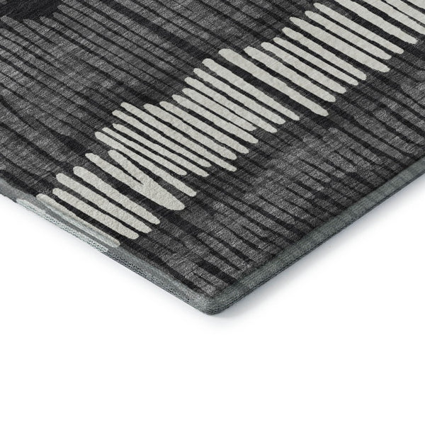 HomeRoots 10' X 14' Charcoal Ivory & Blue Striped Washable Area Rug – Durable, UV-Protected, Easy-Care Design! 670634