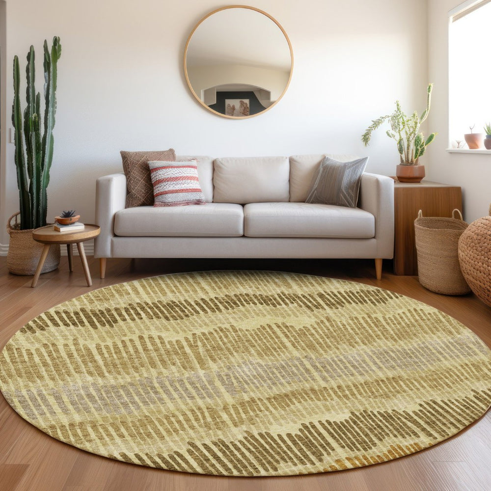 HomeRoots 8' Washable Round Rug in Warm Gold, Beige & Rust Stripes – Stain Resistant, UV Protected, Non-Slip 670637