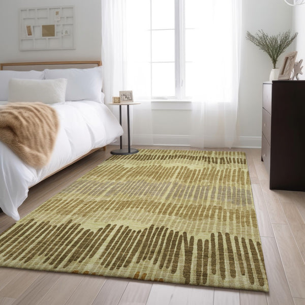 HomeRoots 9' X 12' Striped Washable Area Rug in Gold, Beige, and Rust - Stain-Resistant & UV Protected Design 670639