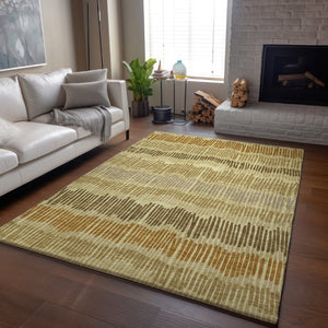 HomeRoots 9' X 12' Striped Washable Area Rug in Gold, Beige, and Rust - Stain-Resistant & UV Protected Design 670639