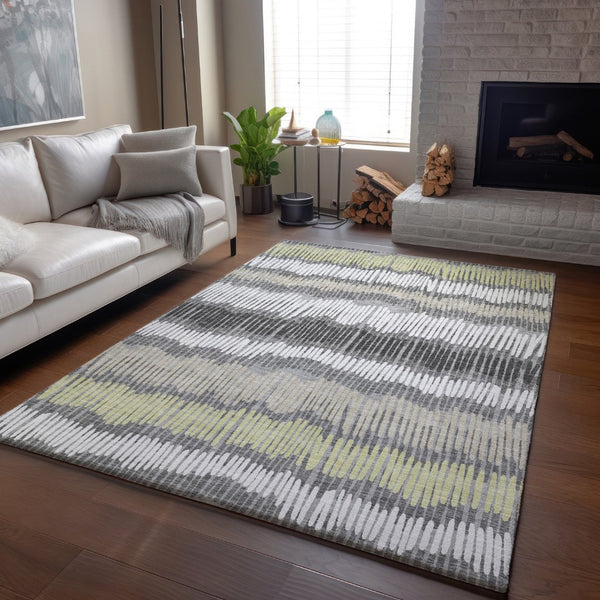 HomeRoots 5' X 8' Striped Area Rug in Gray, Ivory & Beige - Washable, UV Protected, Stain Resistant for Homes 670642