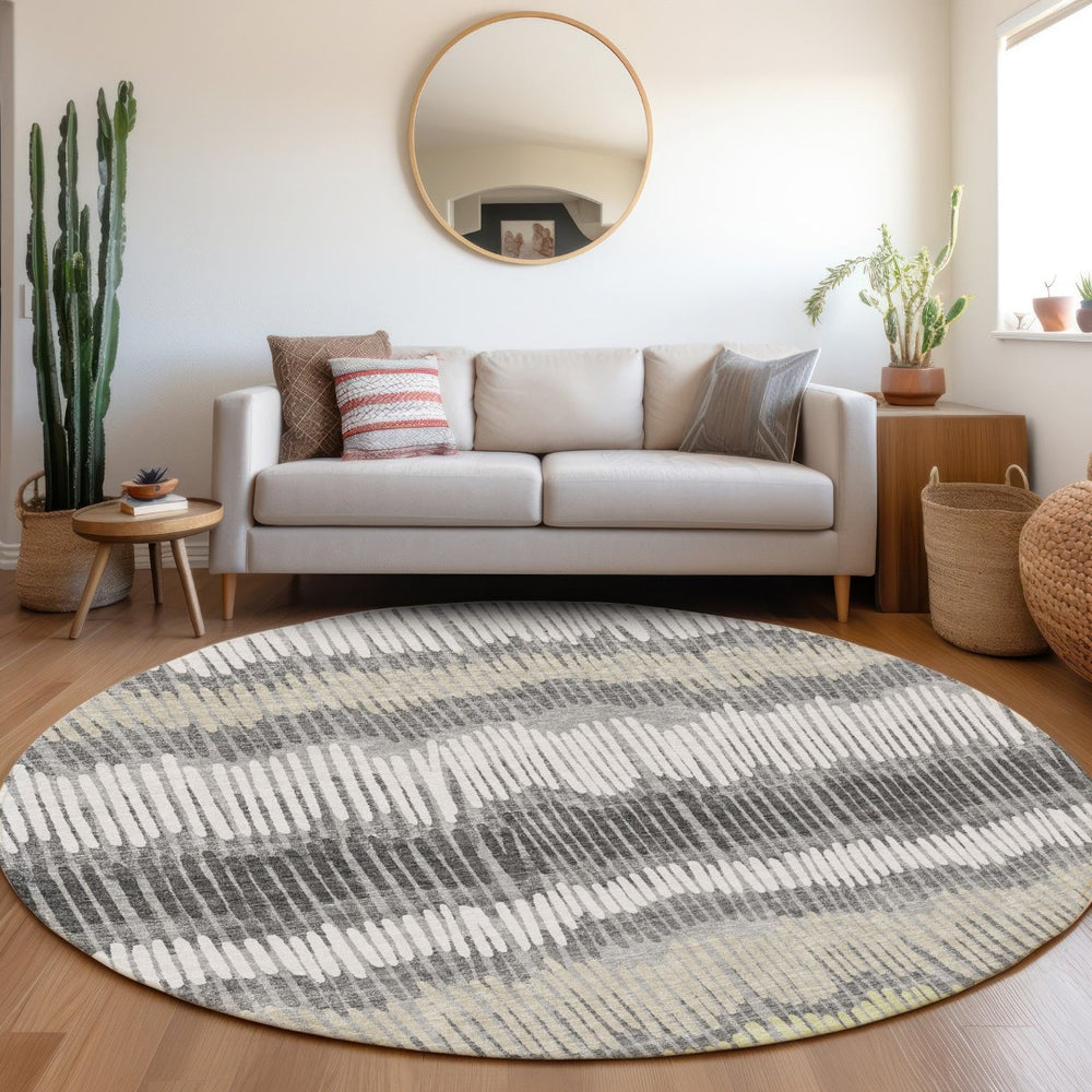HomeRoots 8' Gray Ivory and Beige Striped Round Rug – Washable, UV-Protected, Durable for High-Traffic Areas 670643
