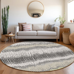 HomeRoots 8' Gray Ivory and Beige Striped Round Rug – Washable, UV-Protected, Durable for High-Traffic Areas 670643