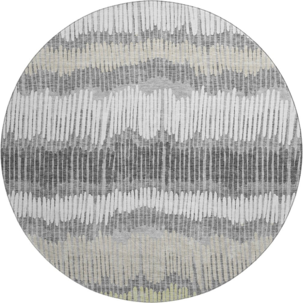 HomeRoots 8' Gray Ivory and Beige Striped Round Rug – Washable, UV-Protected, Durable for High-Traffic Areas 670643