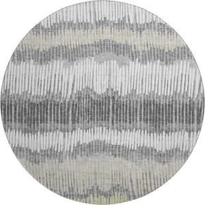 HomeRoots 8' Gray Ivory and Beige Striped Round Rug – Washable, UV-Protected, Durable for High-Traffic Areas 670643