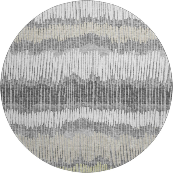 HomeRoots 8' Gray Ivory and Beige Striped Round Rug – Washable, UV-Protected, Durable for High-Traffic Areas 670643