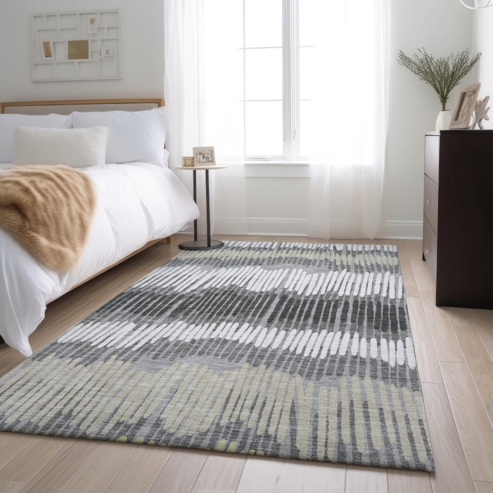 HomeRoots 9' X 12' Washable Area Rug in Gray, Ivory & Beige Stripes - UV-Protected & Stain-Resistant Comfort 670645