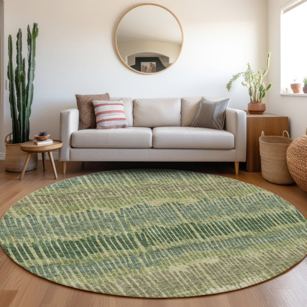 HomeRoots 8' Washable Round Rug in Green, Ivory & Taupe Stripes – Durable, UV Protected, Perfect for Homes! 670649