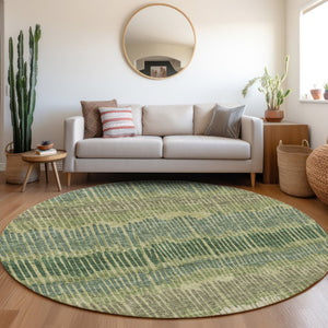 HomeRoots 8' Washable Round Rug in Green, Ivory & Taupe Stripes – Durable, UV Protected, Perfect for Homes! 670649