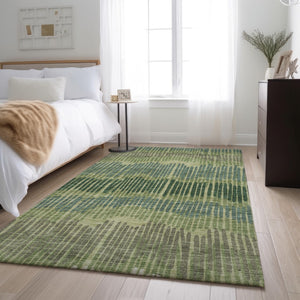 HomeRoots 8' X 10' Striped Washable Area Rug in Green, Ivory & Taupe - Durable, Stain Resistant, UV Protected! 670650