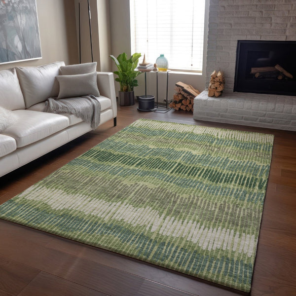 HomeRoots 8' X 10' Striped Washable Area Rug in Green, Ivory & Taupe - Durable, Stain Resistant, UV Protected! 670650