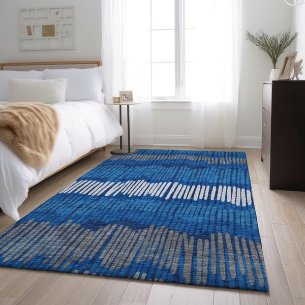 HomeRoots 5' X 8' Navy Blue, Ivory & Gray Striped Washable Area Rug - Durable, Stylish, Perfect for All Spaces! 670654