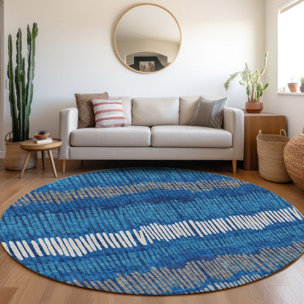 HomeRoots 8' Navy Blue, Ivory & Gray Striped Washable Round Rug with UV Protection for Indoor & Outdoor Use 670655