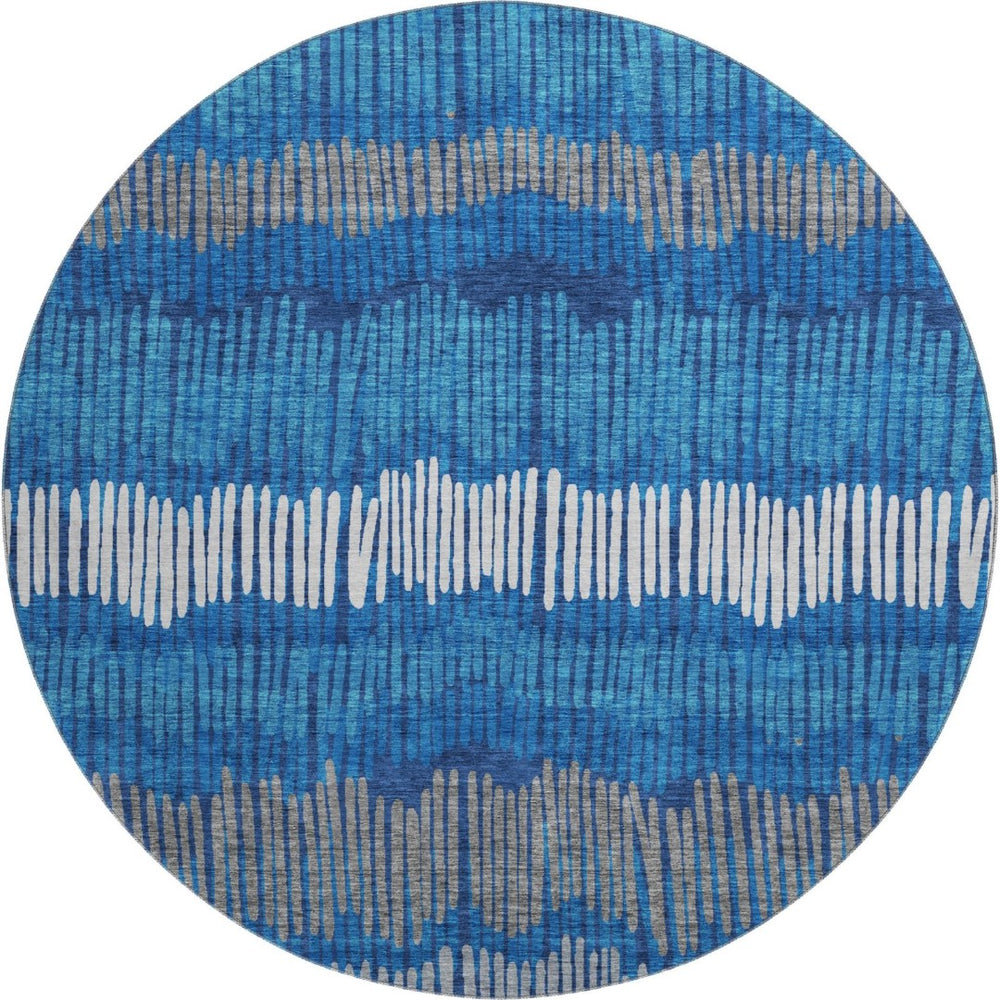 HomeRoots 8' Navy Blue, Ivory & Gray Striped Washable Round Rug with UV Protection for Indoor & Outdoor Use 670655