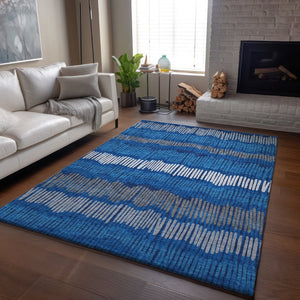 HomeRoots 8' X 10' Navy Blue Ivory & Gray Striped Washable Area Rug - Durable, Stain-Resistant, UV Protected! 670656