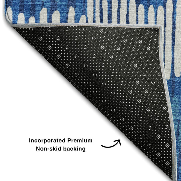 HomeRoots 9' X 12' Navy Blue Striped Washable Area Rug – Durable, UV Protected, Ideal for High-Traffic Spaces 670657