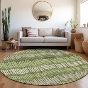 HomeRoots 8' Washable Round Rug in Olive Green, Beige & Taupe Stripes with UV Protection for Indoor & Outdoor Use 670661