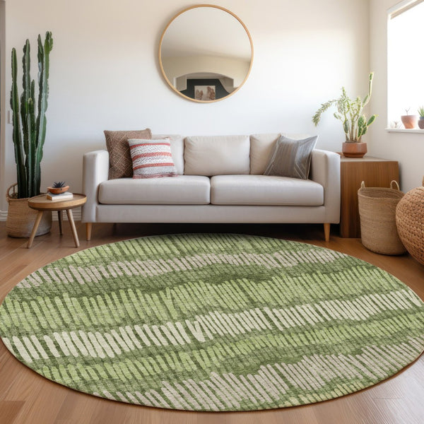 HomeRoots 8' Washable Round Rug in Olive Green, Beige & Taupe Stripes with UV Protection for Indoor & Outdoor Use 670661