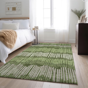 HomeRoots 9' X 12' Stylish Olive Green Beige Taupe Striped Washable Area Rug with UV Protection & Durability 670663
