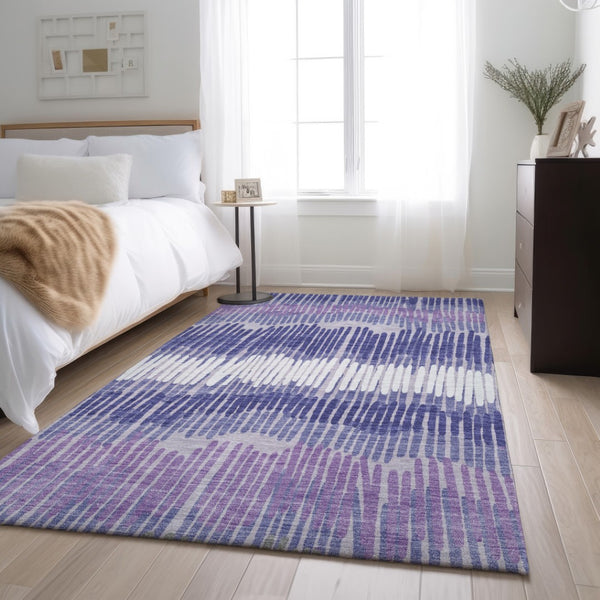 HomeRoots 5' X 8' Stylish Purple Ivory Gray Striped Area Rug - Washable, UV Protected, Pet-Friendly Design 670666