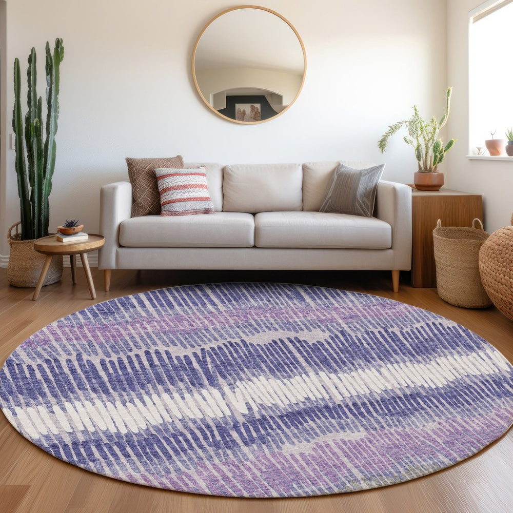HomeRoots 8' Striped Round Rug in Purple, Ivory & Gray – Washable, UV Protected, Perfect for High Traffic Areas! 670667