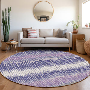 HomeRoots 8' Striped Round Rug in Purple, Ivory & Gray – Washable, UV Protected, Perfect for High Traffic Areas! 670667