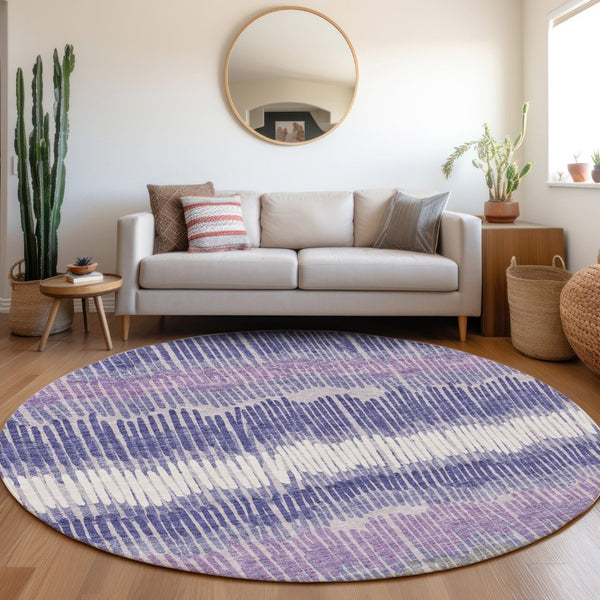 HomeRoots 8' Striped Round Rug in Purple, Ivory & Gray – Washable, UV Protected, Perfect for High Traffic Areas! 670667