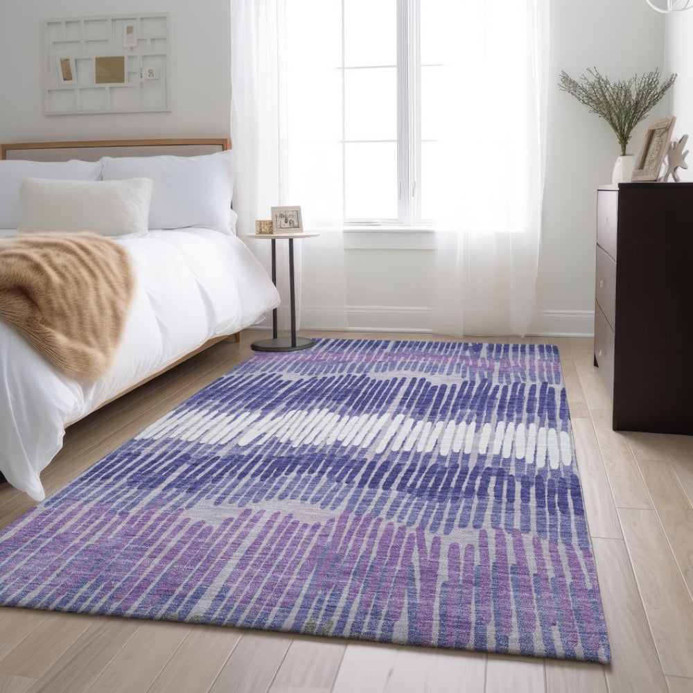 HomeRoots 8' X 10' Striped Area Rug in Purple, Ivory & Gray - Washable, Stain Resistant & UV Protected Design 670668