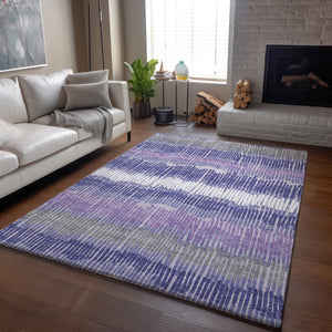 HomeRoots 9' X 12' Stylish Purple Ivory Gray Striped Washable Area Rug with Non-Slip Backing & UV Protection 670669