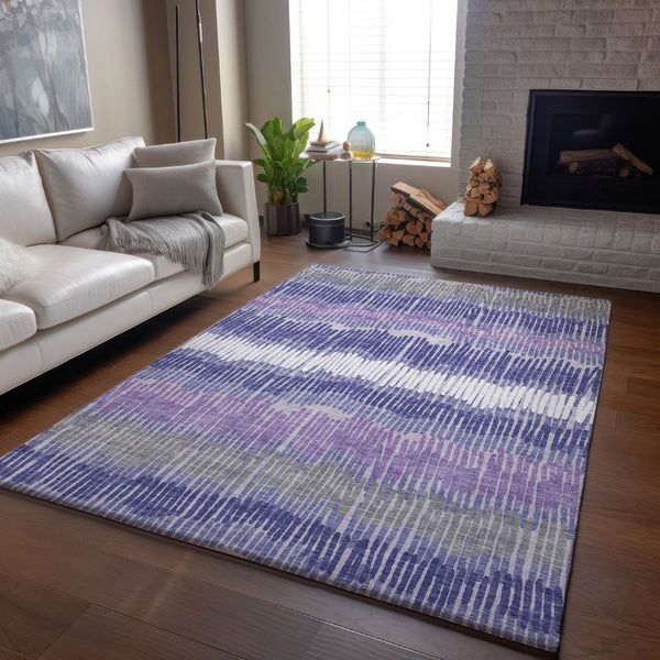 HomeRoots 9' X 12' Stylish Purple Ivory Gray Striped Washable Area Rug with Non-Slip Backing & UV Protection 670669
