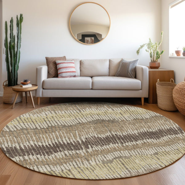 HomeRoots 8' Taupe Beige Striped Washable Round Rug with UV Protection - Durable, Stylish, Easy-Care Design 670673