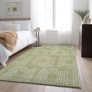 HomeRoots 9' X 12' Artichoke Green Geometric Washable Area Rug with UV Protection for Modern Living Spaces 670681