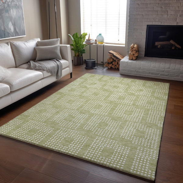 HomeRoots 9' X 12' Artichoke Green Geometric Washable Area Rug with UV Protection for Modern Living Spaces 670681