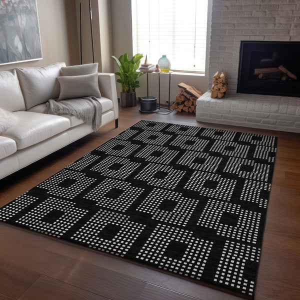 HomeRoots 5' X 8' Modern Black and Ivory Geometric Washable Area Rug with UV Protection for Busy Homes 670684