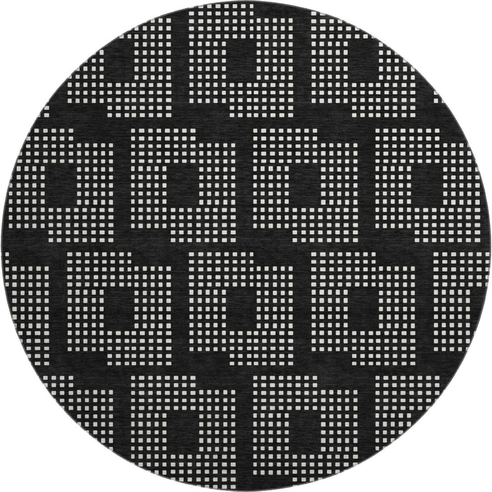 HomeRoots 8' Black And Ivory Geometric Round Rug - Washable, UV Protected, Durable for High-Traffic Areas 670685
