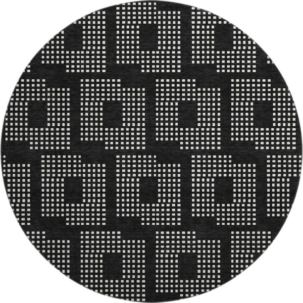 HomeRoots 8' Black And Ivory Geometric Round Rug - Washable, UV Protected, Durable for High-Traffic Areas 670685